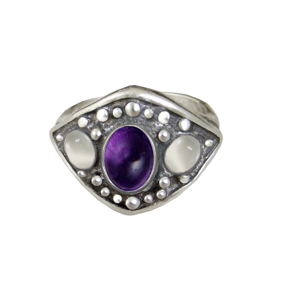 Sterling Silver Medieval Lady's Ring with Amethyst And White Moonstone Size 8